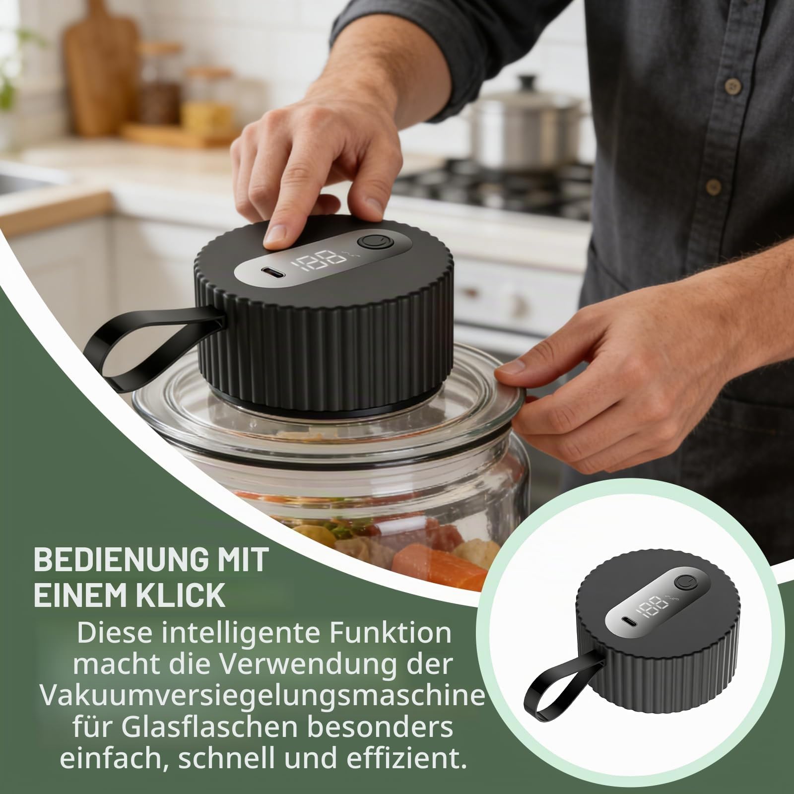 Vakuumierer für Gläser, Vakuumierer für Einmachgläser mit 20 Deckeln 10 Vakuumbeuteln, 3-in-1 Electric Mason Jar Vacuum Sealer Kit, Automatik-Stopp Vakuumiergerät für Breite & Normale Öffnungen