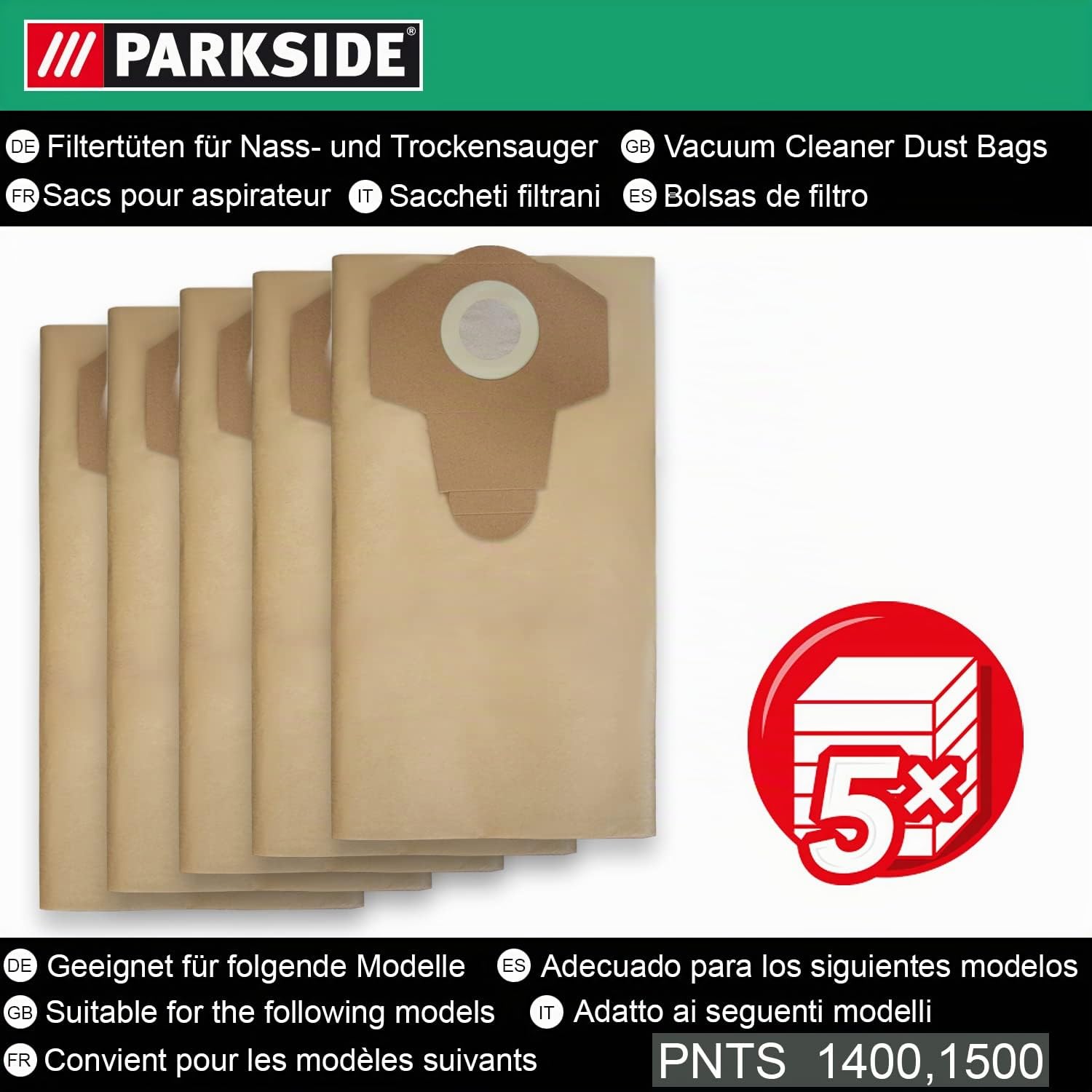 Parkside, sacchetti per aspirapolvere a secco/umido, 30 L, PNTS 1400 F2 Lidl Ian 287974, Confezione da 5 pezzi