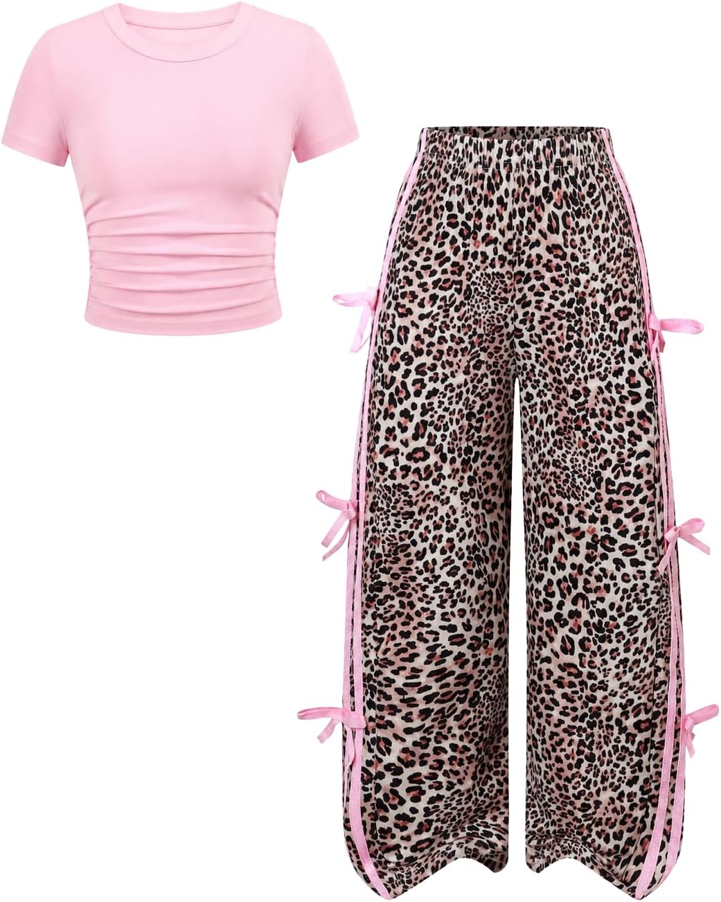 Tween Girls Clothes Short Sleeve Tops and Bowknot Wide Leg Sweatpants Casual Trendy Outfit for Teen Size 7-14