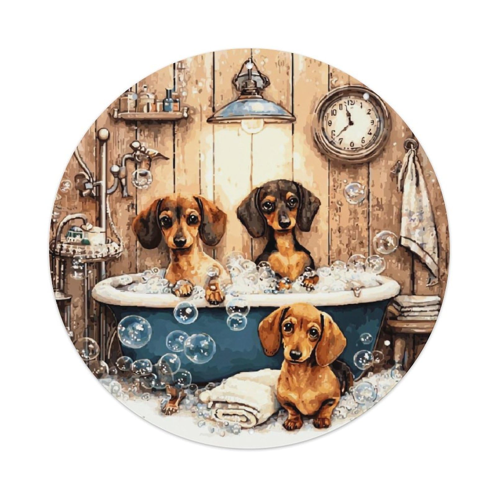 Dachshund Bath Time Bubbles Wood Retro Metal Sign Round Tin Sign, Vintage Decor Art Poster for Bar, Home, Man Cave, Kitchen, Laundry Room Gift 8x8Inch