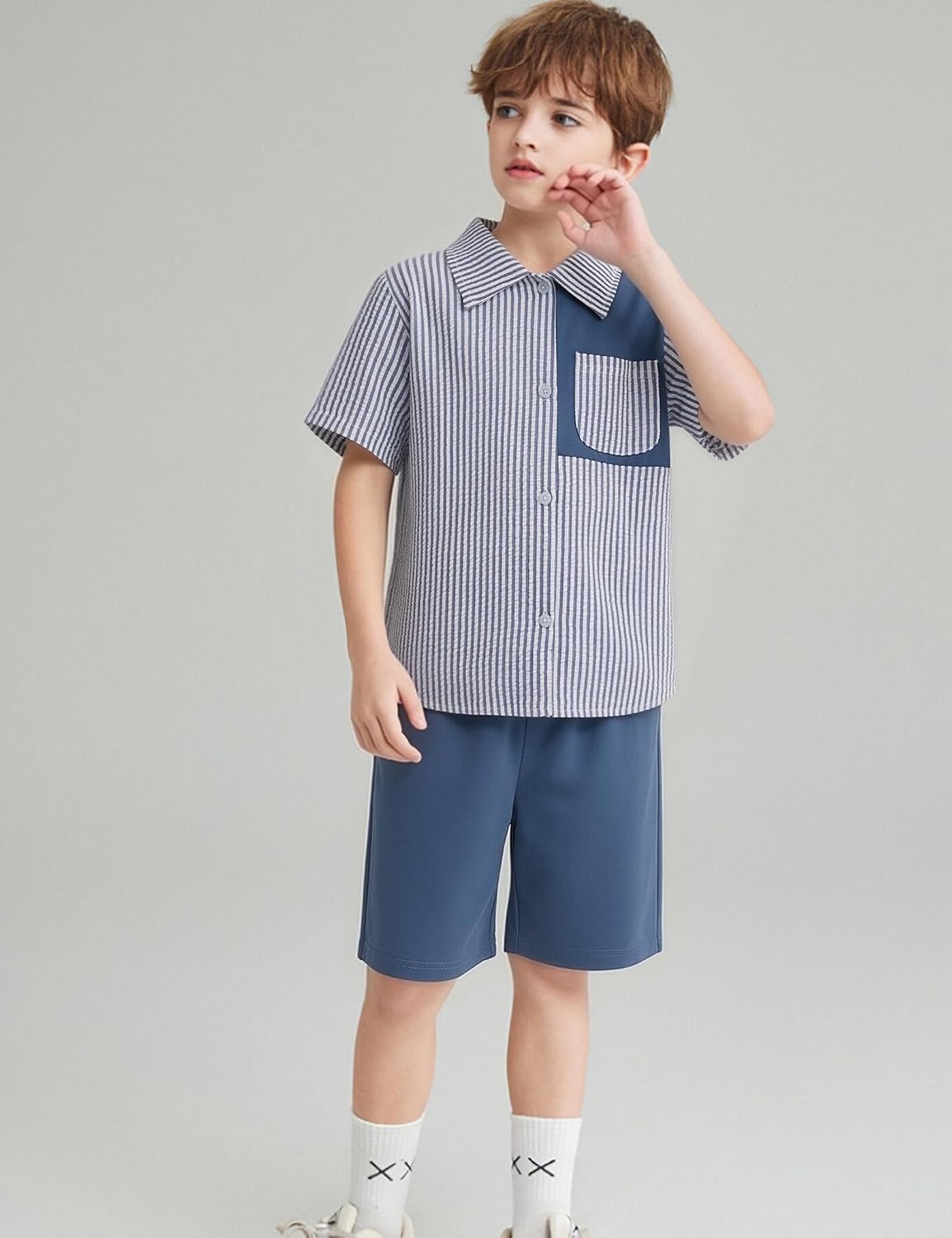 Boy Summer Outfit Casual Beach Striped Patchwork Button Down Sleeve Shirt and Short Vacation Texture Sets 4-10Y