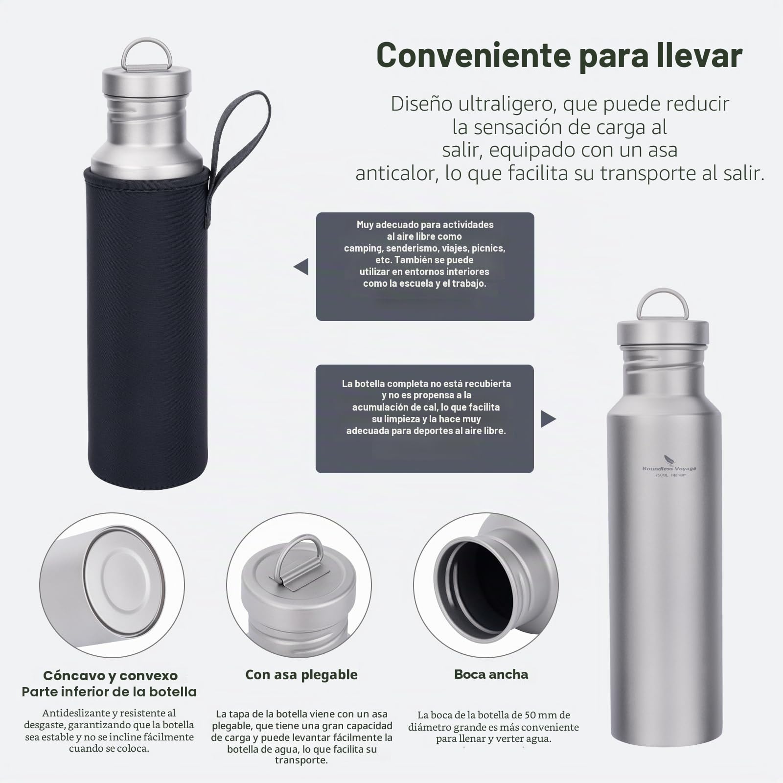 iBasingo Botella de agua de titanio de 750 ml, botella de agua de una sola capa, botella de agua de metal de boca ancha, a prueba de fugas, deportes, ciclismo, senderismo, picnic, escalada, correr, té