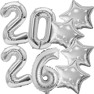 Kit Ano Novo 2026: 4 Balões Números 75cm, 4 Estelas Metalizadas 45cm, Decoração Réveillon (Prata)