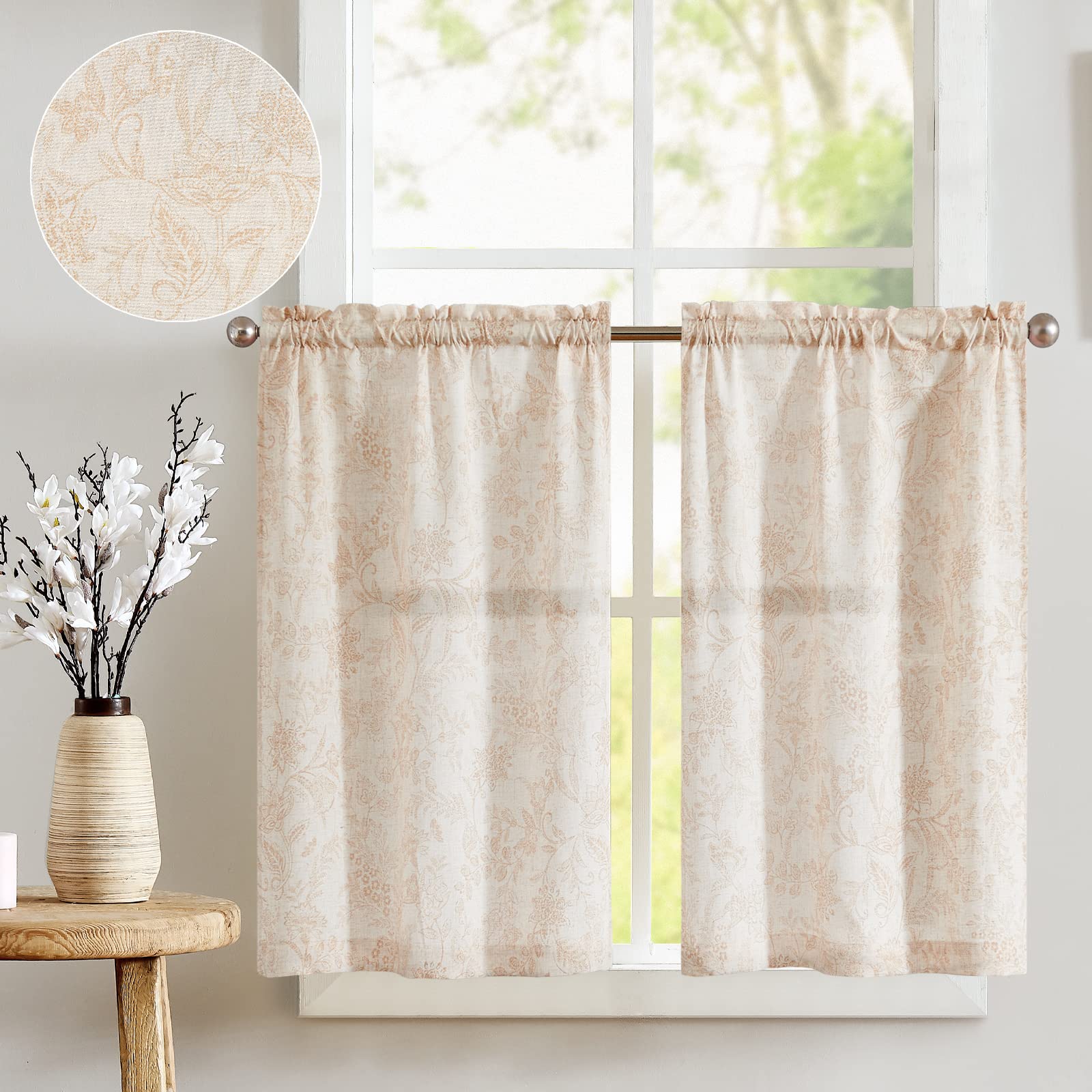 jinchan Floral Kitchen Curtains for Windows 36 Inch Linen Tier Farmhouse Cafe Curtains Country Botanic Small Window Rod Pocket Rustic Flax for Laundry