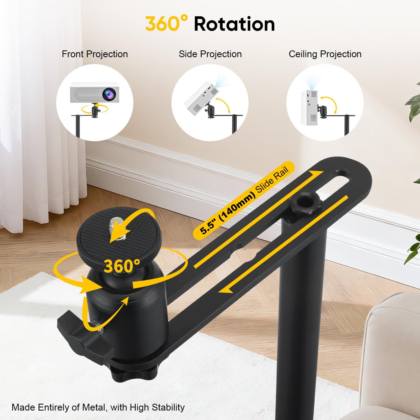 Support métallique pour vidéoprojecteur, avec rotation à 360°, canapé contre le mur, capacité de charge jusqu'à 5 kg, hauteur réglable de 30 à 130 cm, support de projecteur pour la maison, le