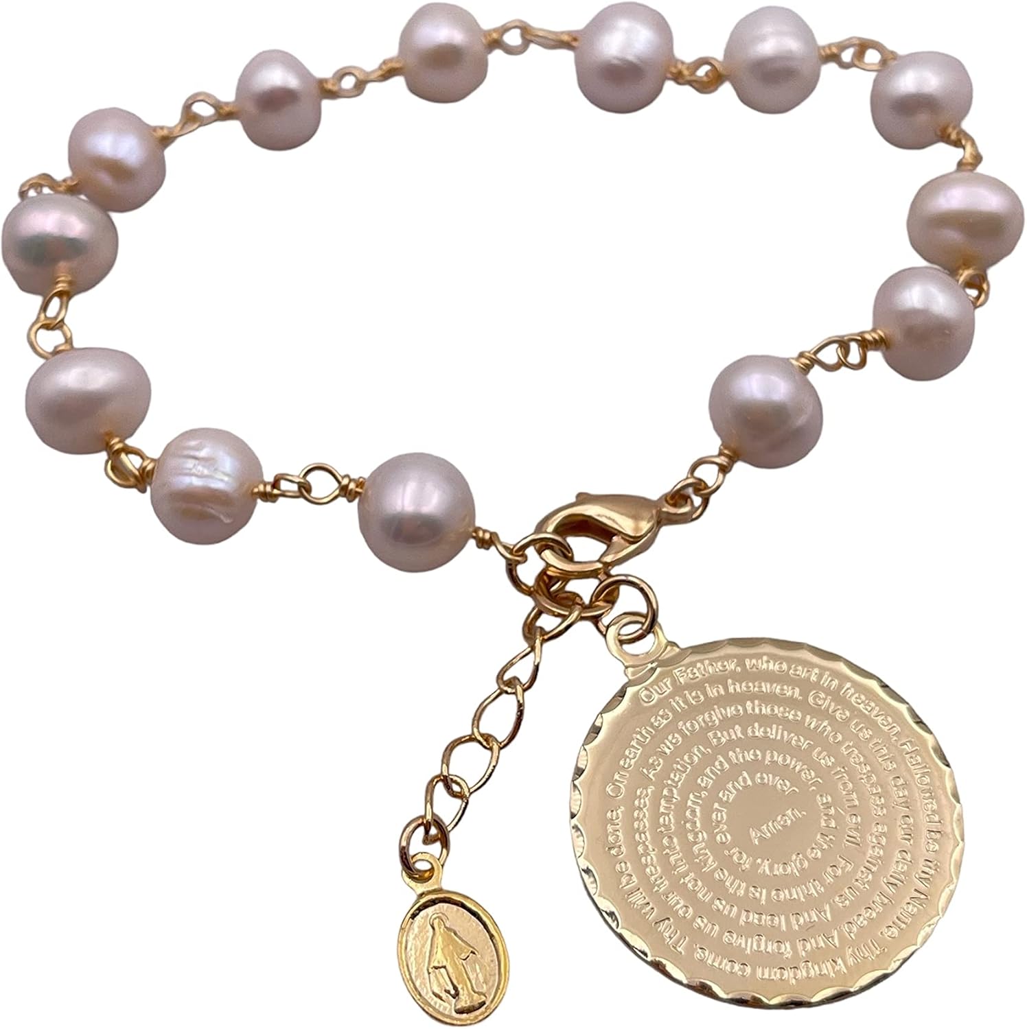 SIFRIMANIA Our Father Prayer Freshwater Cultured Pearls Pendant Adjustable Bracelet for Women