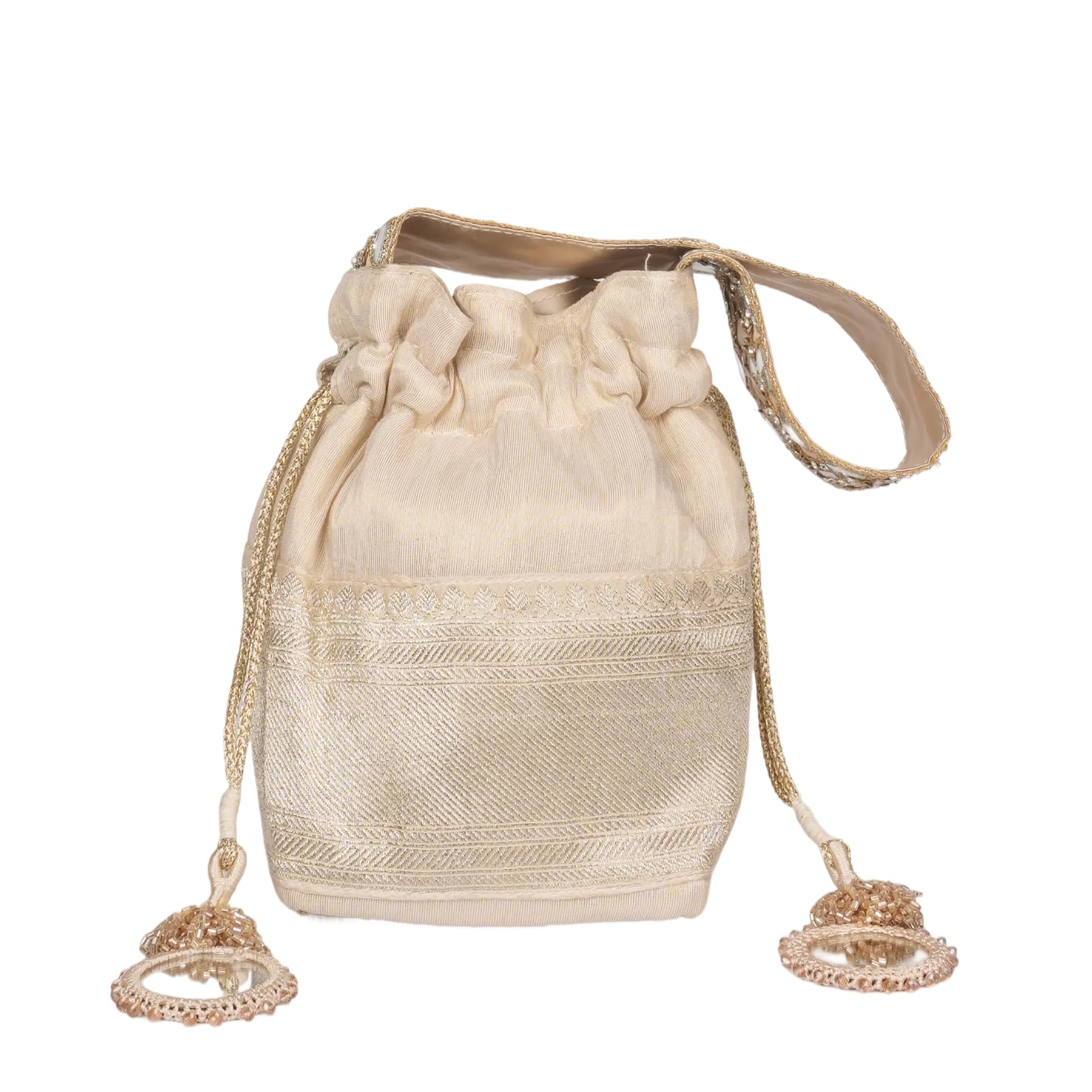 bonita voce Women’s Potli Bag with Mirror Work, Tassel Detail & Scallop Detailing | Ethnic Handbag for Wedding, Festive & Special Occasions | White & Gold-picture-39