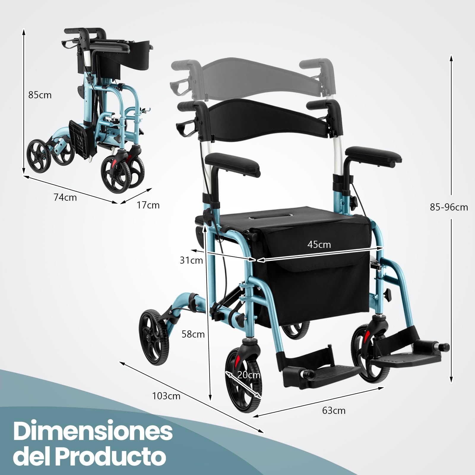 GOPLUS Andador con Ruedas de Aluminio 2 en 1, Andador Plegable con Cuatro Ruedas y Respaldo, Asas Ajustables con Frenos, Reposapiés, Soporte para Bastón, Ayudante para Personas Mayores (Azul)