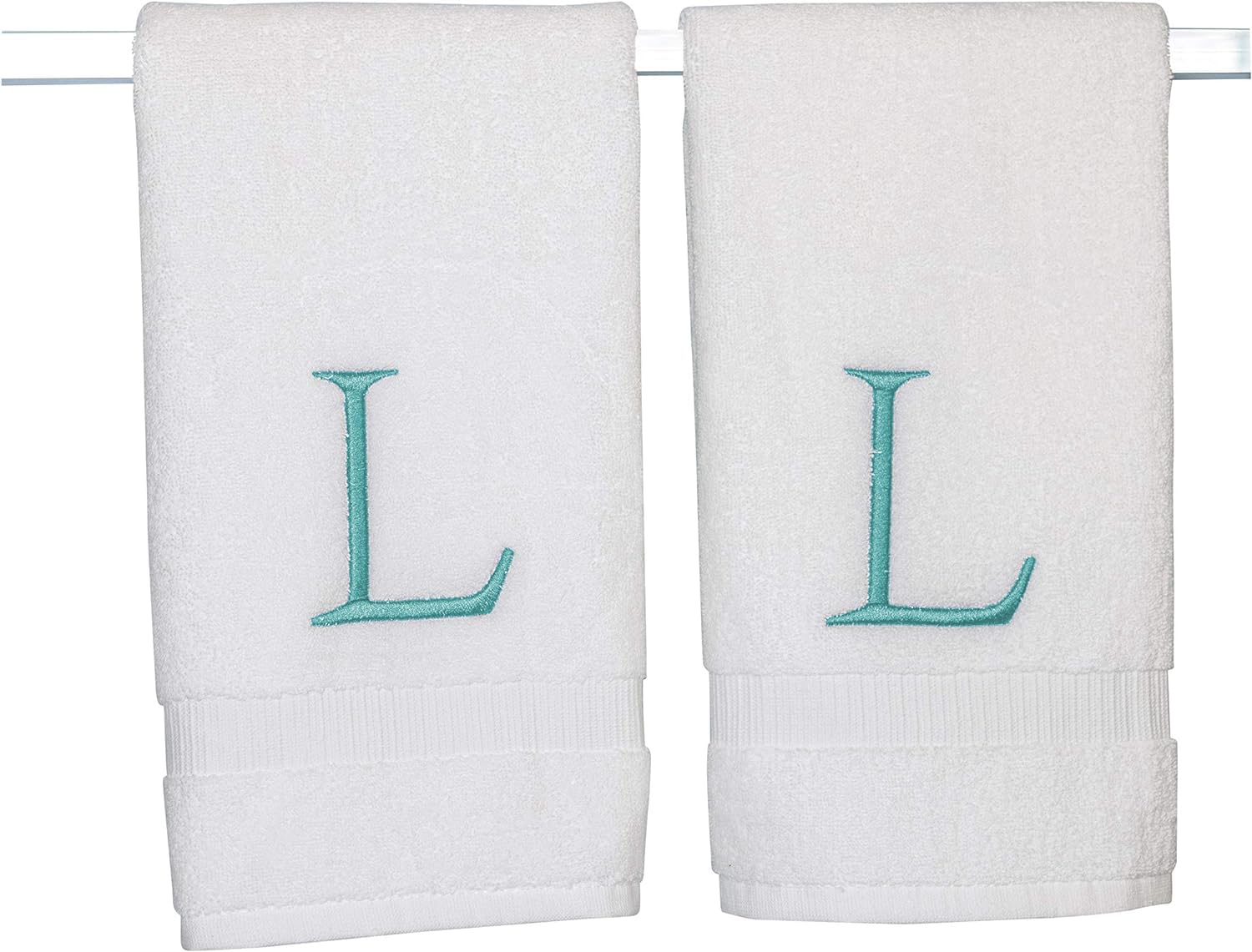 Toalla de mano de baño verde azulado y blanco, con monograma, toalla bordada decorativa de calidad de hotel para tocador, spa, certificado GOTS orgánico, juego de 2 letras L