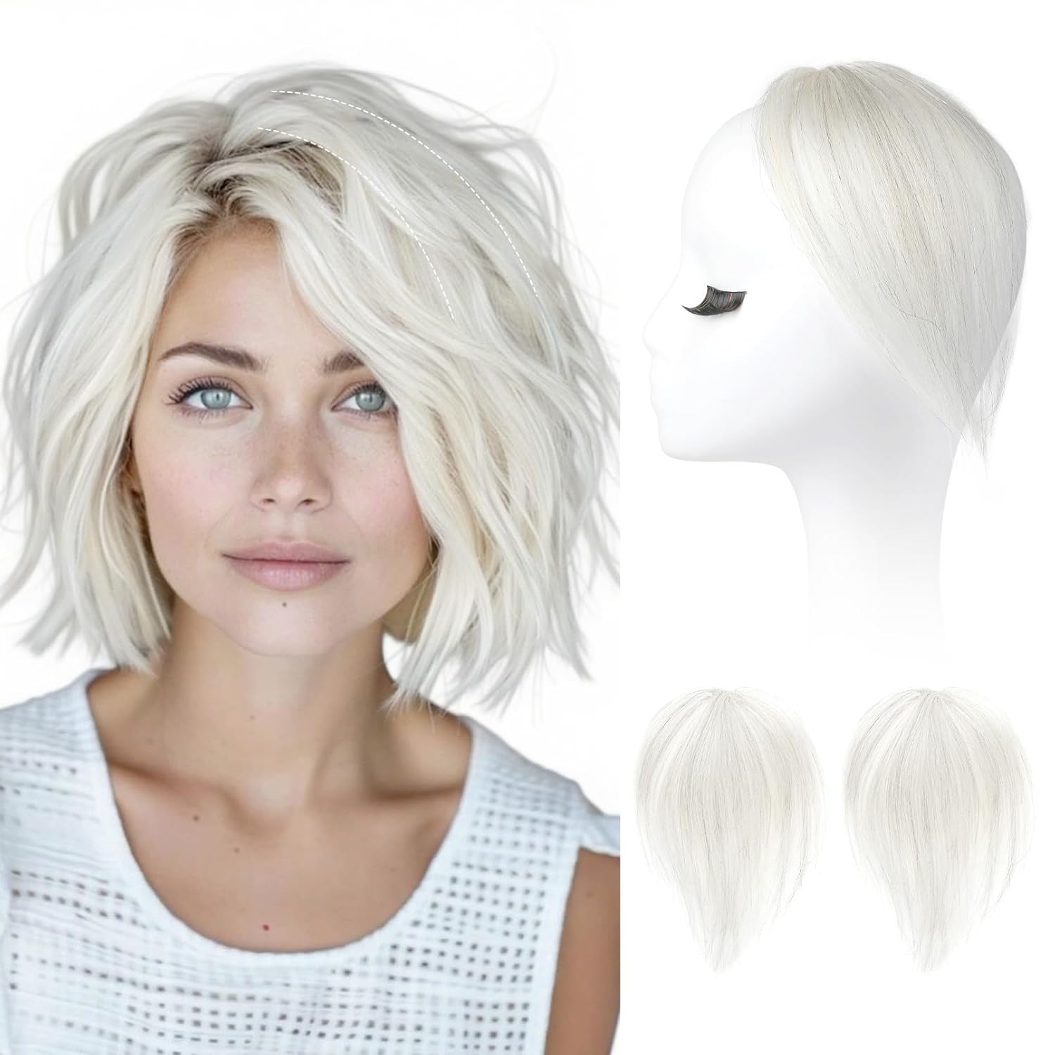 REECHO Human Hair Clip-in Hair Volumizer - 8 Inch Short Thick Hairpieces for Extra Volume, Easy Clip-in Extensions for Thin & Fine Hair，White