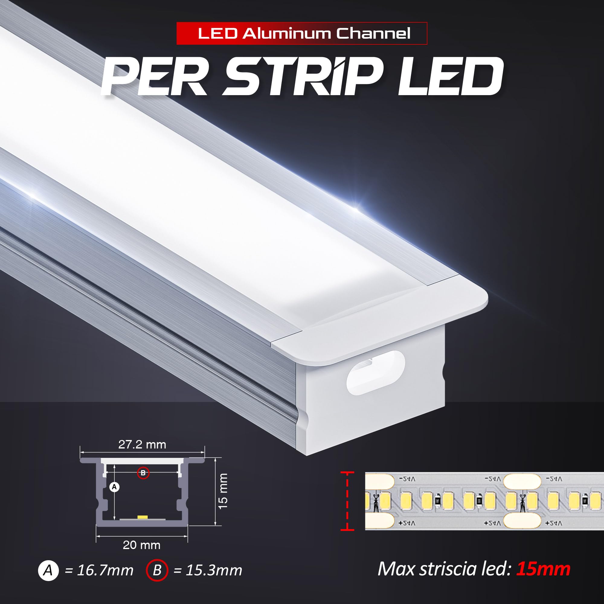 LED profil für 12mm LED-Streifen, schiene 10x2m Aluminium U profil aluminium, mit 10 Diffusorabdeckungen, 20 Endkappen und 40 Halterungen für indirekte Beleuchtung
