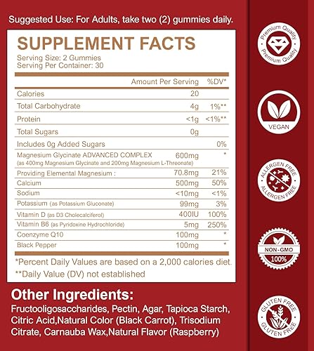 Miniatura 9 de Gomitas de glicinato de magnesio, suplemento de magnesio sin azúcar con glicinato de magnesio 400 mg, L-treonato de magnesio 200 mg para un estado