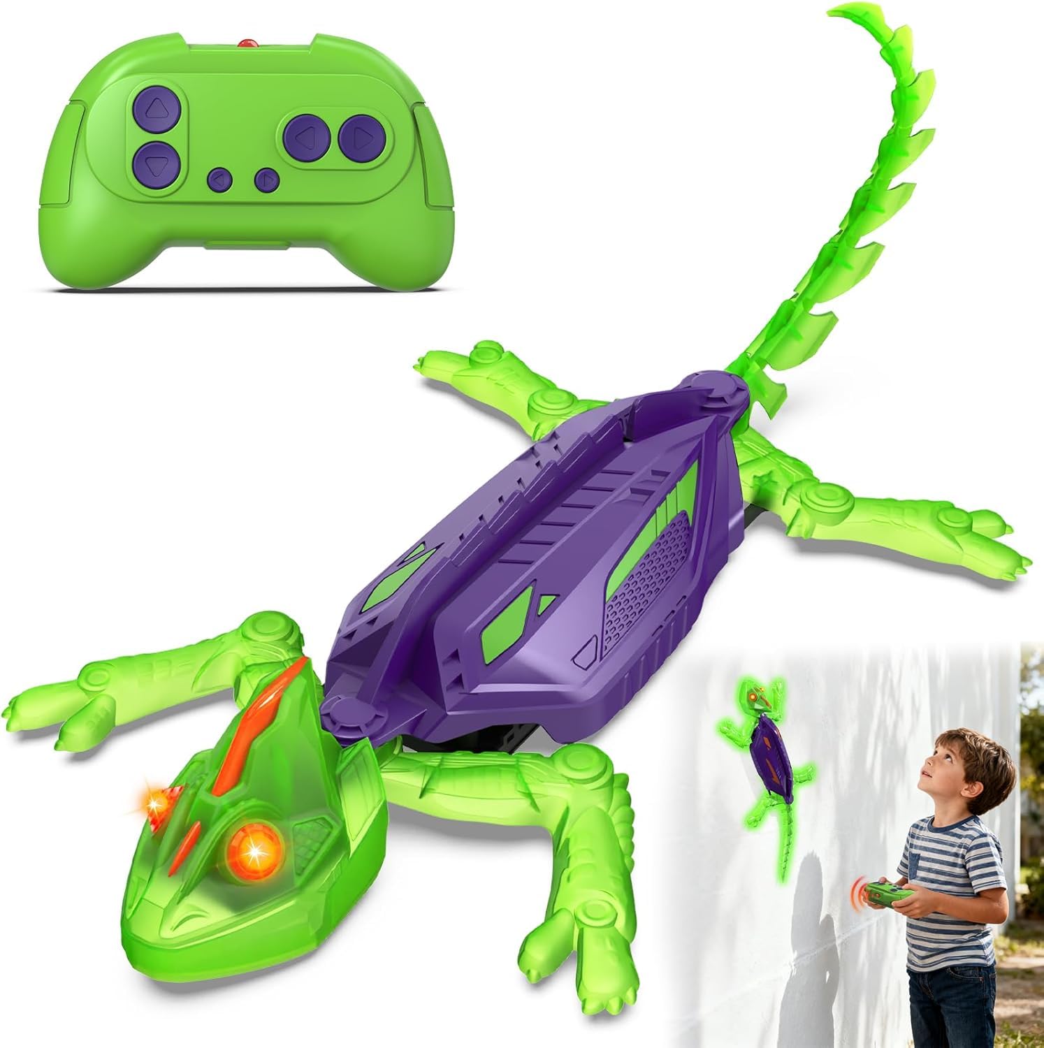 Goody King Wall-Climbing Gecko Toys with LED Lights, 360° Rotating Wheels, USB Rechargeable Remote Control Toy for Kids RC Robot for Boys & Girls Ages 4 5 6 7 8 Birthday Kids Toys