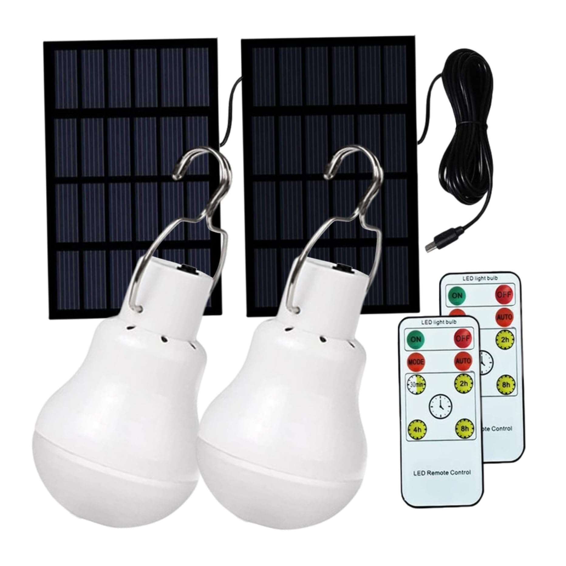Lampadine solari da giardino per esterni 2 pezzi Luci solari a festone portatili con pannello e telecomando Lampadine ricaricabili USB con gancio per emergenza, campeggio, tenda