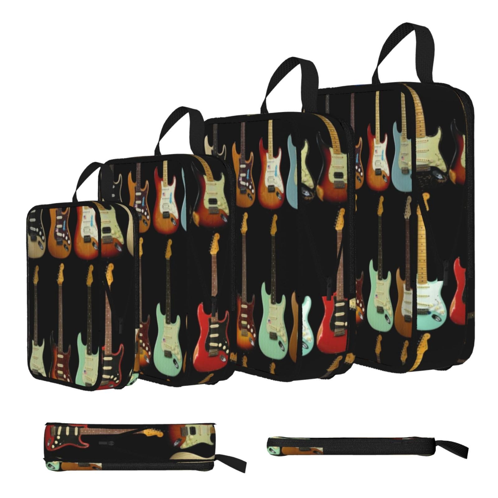 Art Guitar Pattern Print 4 Set Compression Packing Cubes For Suitcases,Expandable Storage Bags Organizers