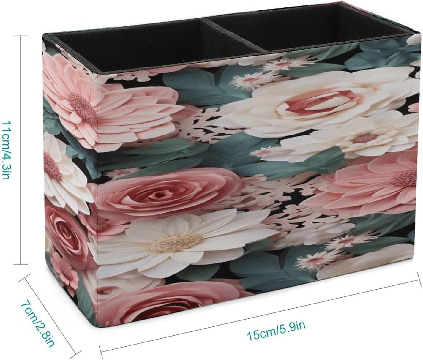Flowers with Pink And Green Leaves Pen Holder Double Compartments Pen Cup Fashion Makeup Brush Holders Leather Pencil Holder for Work Locker Accessories Modern Pencil Cup for Desk Organizer image 2