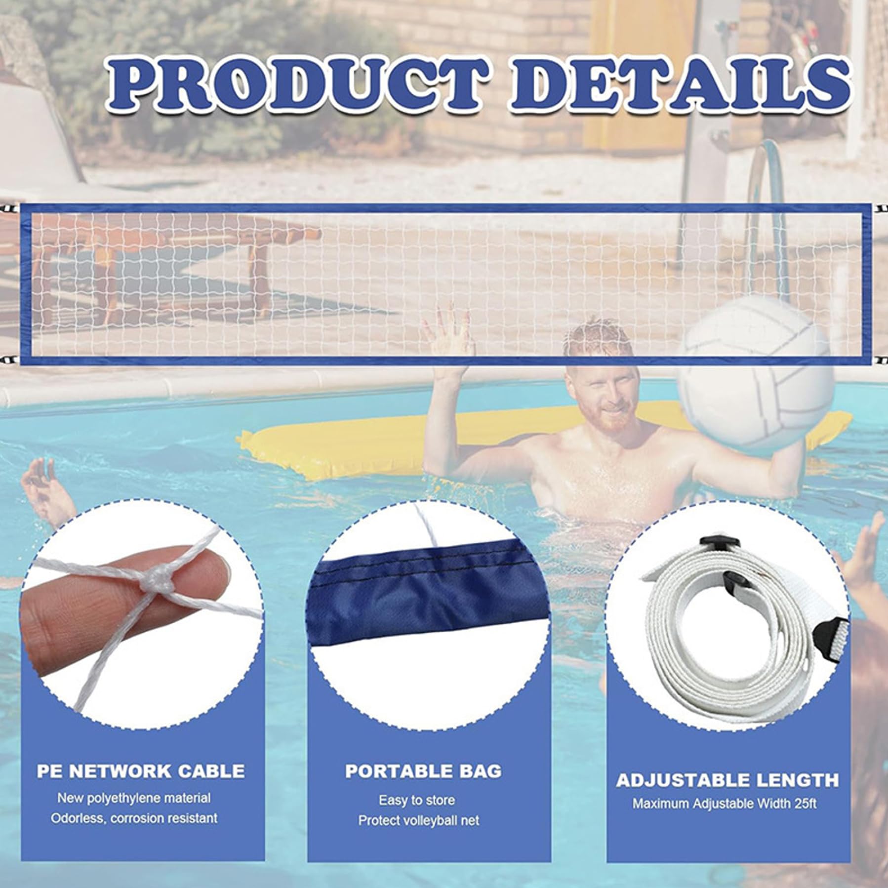 Filet de Volleyball Piscine 3x15ft Lourde pour Piscines Enracinées Jeux d'Eau Extérieur