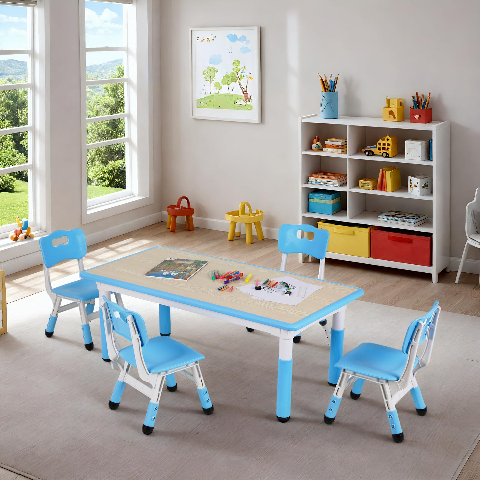 Clevich Kindertisch mit 4 Stühlen, Tisch Stuhl Set Höhenverstellbar,Kindertischgruppe für Kinderzimmer, Plastik Kindermöbel, Kindertisch und Stuhlset für Jungen Mädchen ab 2 Jahre (Blau)