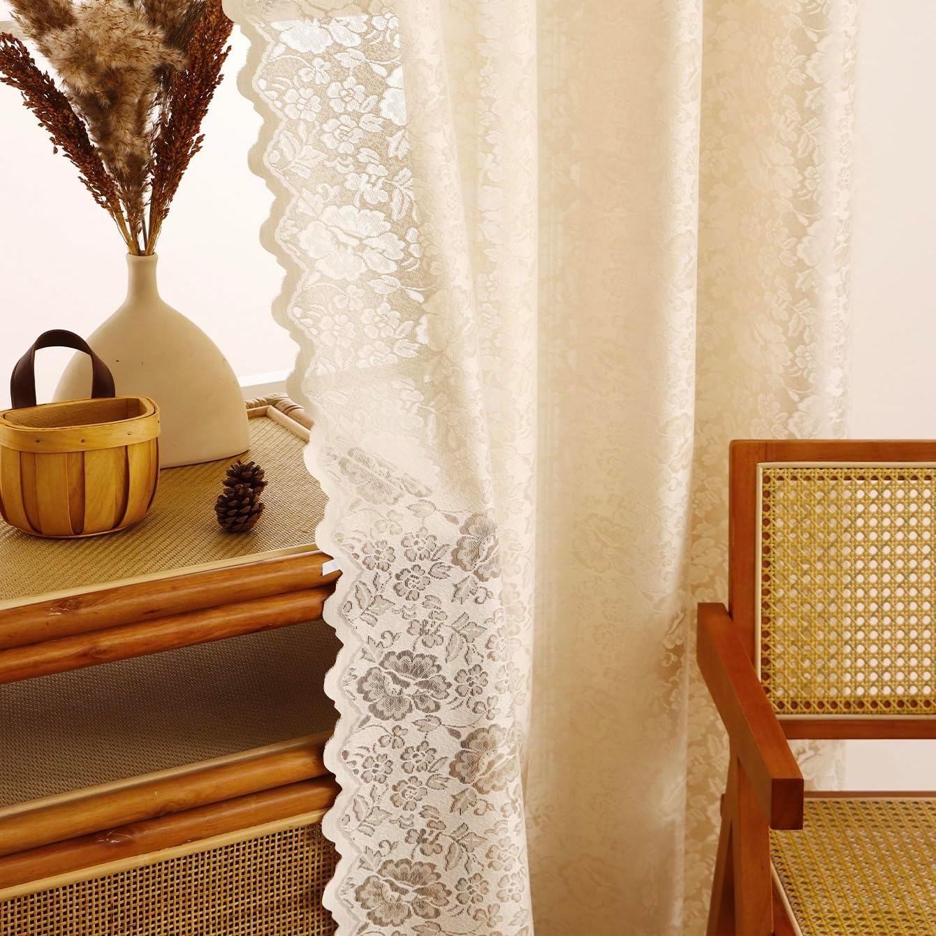 Scalloped Floral Lace Curtains- Vintage Beige Semi Sheer Curtains for Living Room Bedroom, Light Filtering Grommet Window Panels, 2 Panels, 52 x 96 Inches
