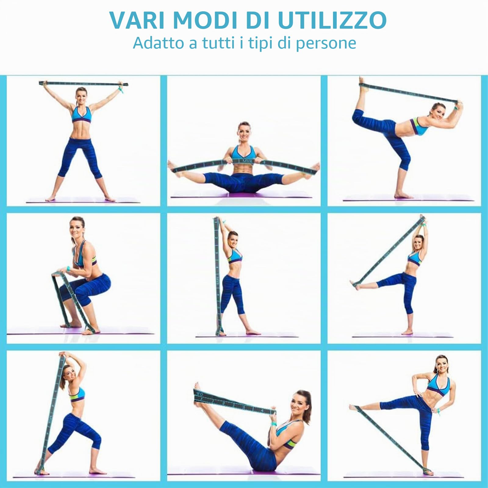 Cintura per Yoga Fascia Elastica Fitness, Fascia per Yoga con 10 Anelli, Fascia Elastica per Pilates, Fascia per Ginnastica e Allenamento