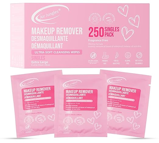 Air Jungles Makeup Remover Wipes 250 Count, Individually Wrapped, Extra Large 6x8 Facial Towelettes, Fragrance-Free, Alcohol-Free, Ultra Soft, Rinse-Free, Removes Makeup & Oil
