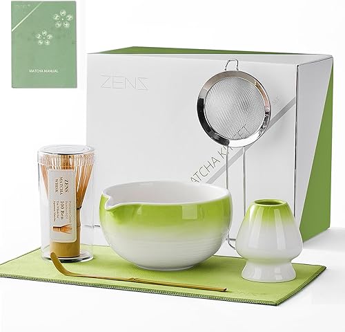 Miniatura 22 de ZENS Juego de batidor de matcha, juego de 5 piezas de matcha que incluye cuenco verde esmeralda, batidor de bambú hecho a mano y soporte de Chasen