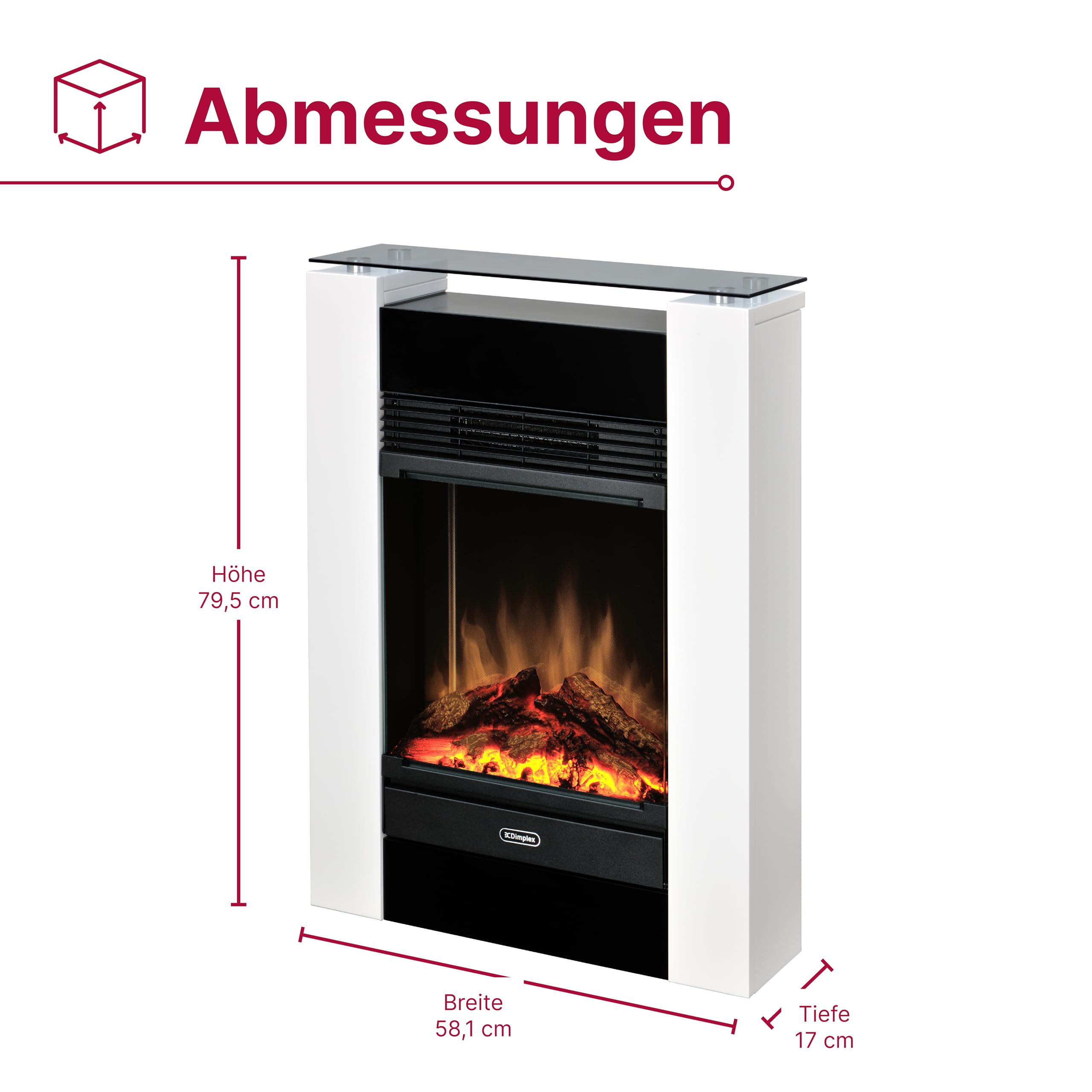 Dimplex Gisella Elektrokamin - Elektrokamin mit Heizung, Weißer Umrandung und Glasablage - LED Optiflame Flammeneffekt - Zuschaltbarer 1,5kW Heizlüfter - Inklusive Fernbedienung