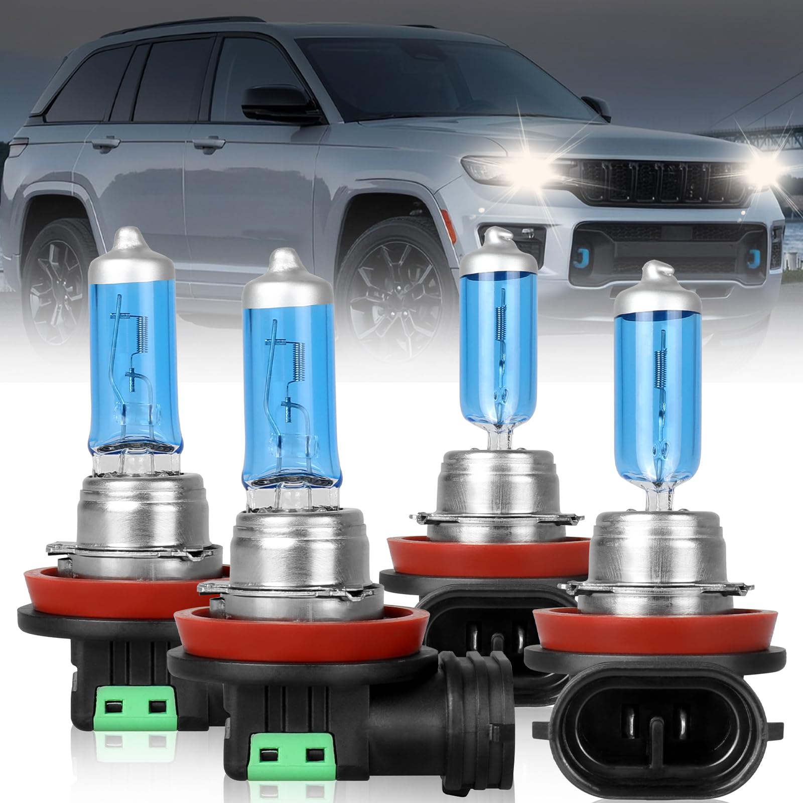 NSDXCT H11 High Performance Halogen Headlight Bulb For Jeep Grand Cherokee 2017 2018 2019 2020 Light Bulbs High Beam Low Beam and Fog Replacement Bulb, H11 High Beam+H11 Low Beam Combo, 4PCS