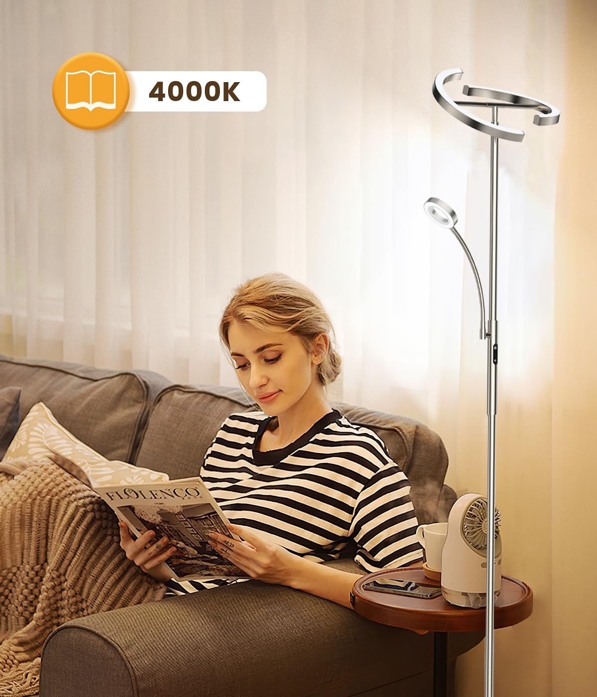 ANTENLICHT Stehlampe Dimmbar LED | Silber-Stehleuchte 20W mit flexibler 7W Leselampe | Modern deckenfluter mit fernbedienung mit 4 Farbtemperatur für Wohnzimmer, Schlafzimmer, Büro, Hotel