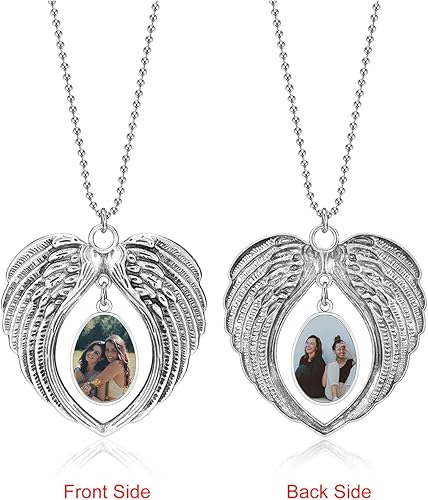 Miniatura 2 de Zysta Adorno para colgar en el automóvil, alas de ángel, foto de doble cara, grabado personalizado para colgar en el automóvil, soporte para marco