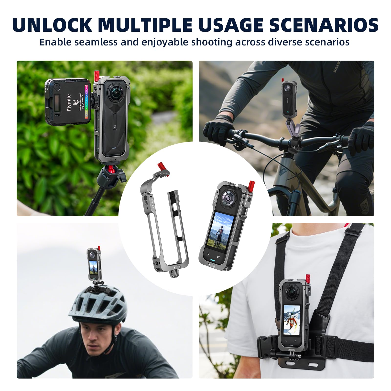 Gabbia metallica in alluminio per Insta360 X5, manopola a sgancio rapido, custodia protettiva con doppi supporti per slitta fredda e filettatura da 1/4" e copriobiettivo in silicone per