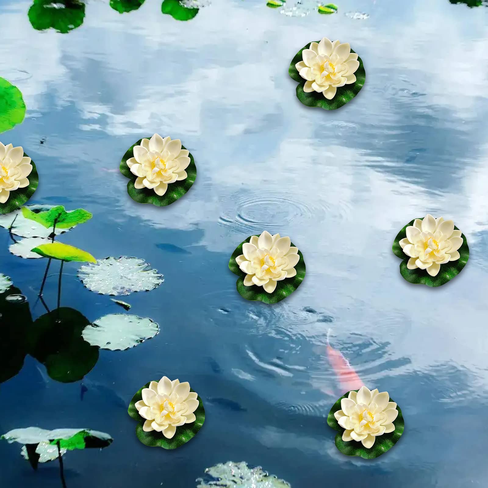 Lot de 6 nénuphars artificiels flottants - Plantes de bassin artificielles - Nénuphars artificiels - Décoration d'étang flottante pour aquarium, terrasse, jardin, étang