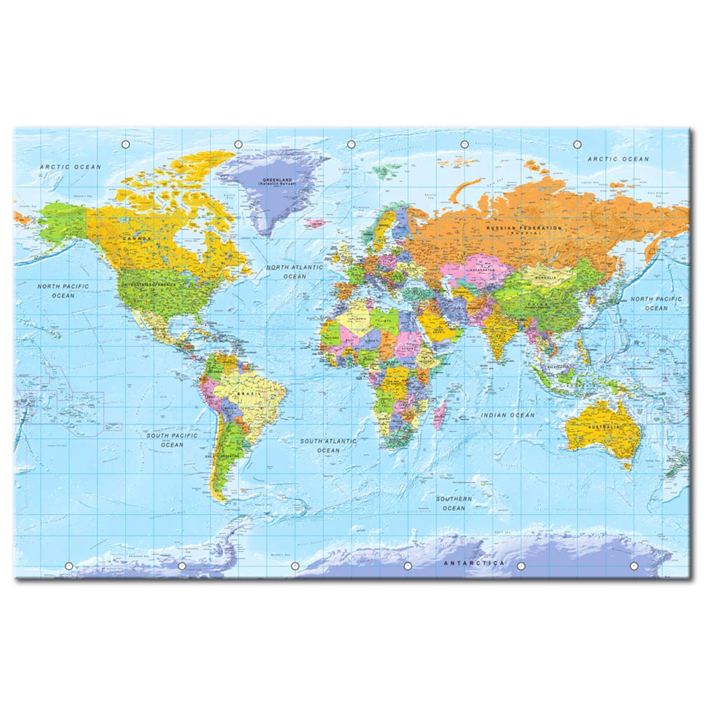 decomonkey Mapa mundi chinchetas político Planisferio inglés 120x80 cm | 50 chinchetas, tablero de lienzo, tablero de fibra, decoración de pared para salón y despacho, para marcar viajes, diseño 1