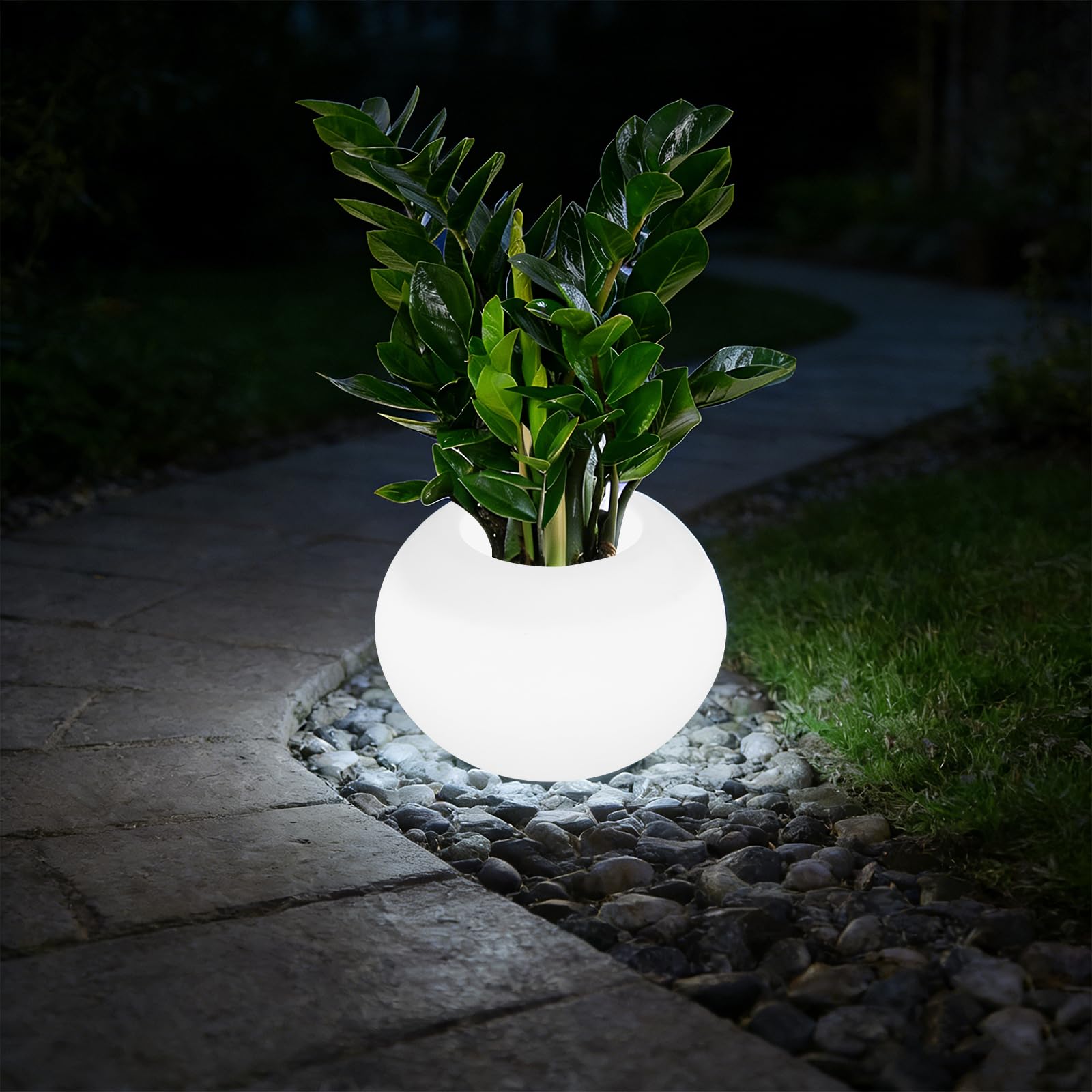 Pot de fleurs rond moderne éclairé, pot de fleurs LED avec télécommande, boule lumineuse à changement de couleur, boule de jardin, 16 couleurs, 4 modes, IP44, veilleuse à intensité variable