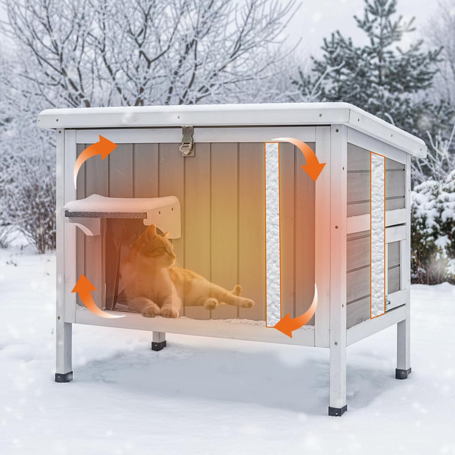 Insulated Outdoor Cat House for Feral Cats in Winter, All-Round EPS Insulation Foam-Core Cat Shelter with 2 Escape Doors, Weatherproof Openable Roof, Elevated Base for Indoor & Outdoor
