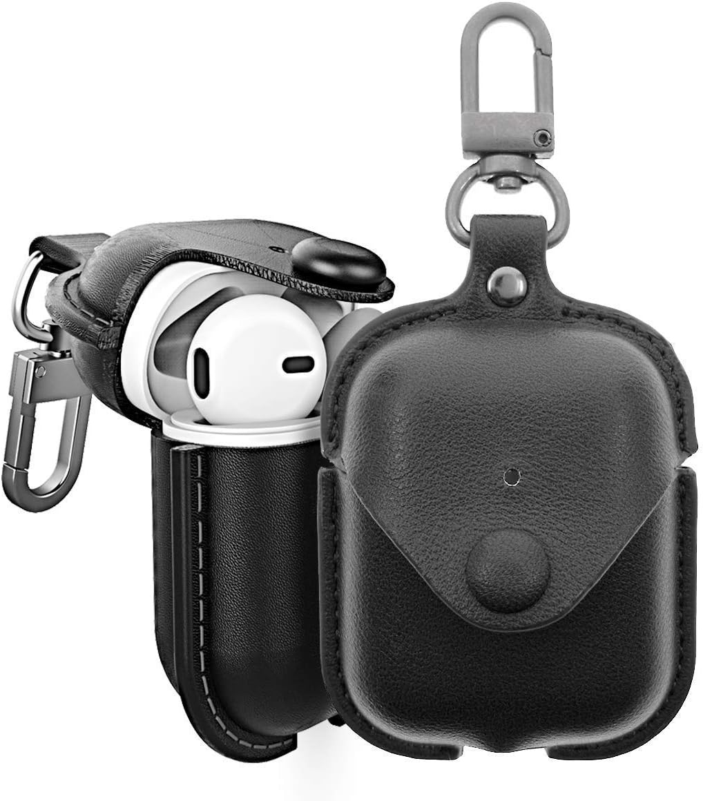 DEALPICK AMZY PU Leather Case for Apple AirPods True Wireless Bluetooth Earphone Charging Protective Case Cover Bag Pouch for Air Pods - Black