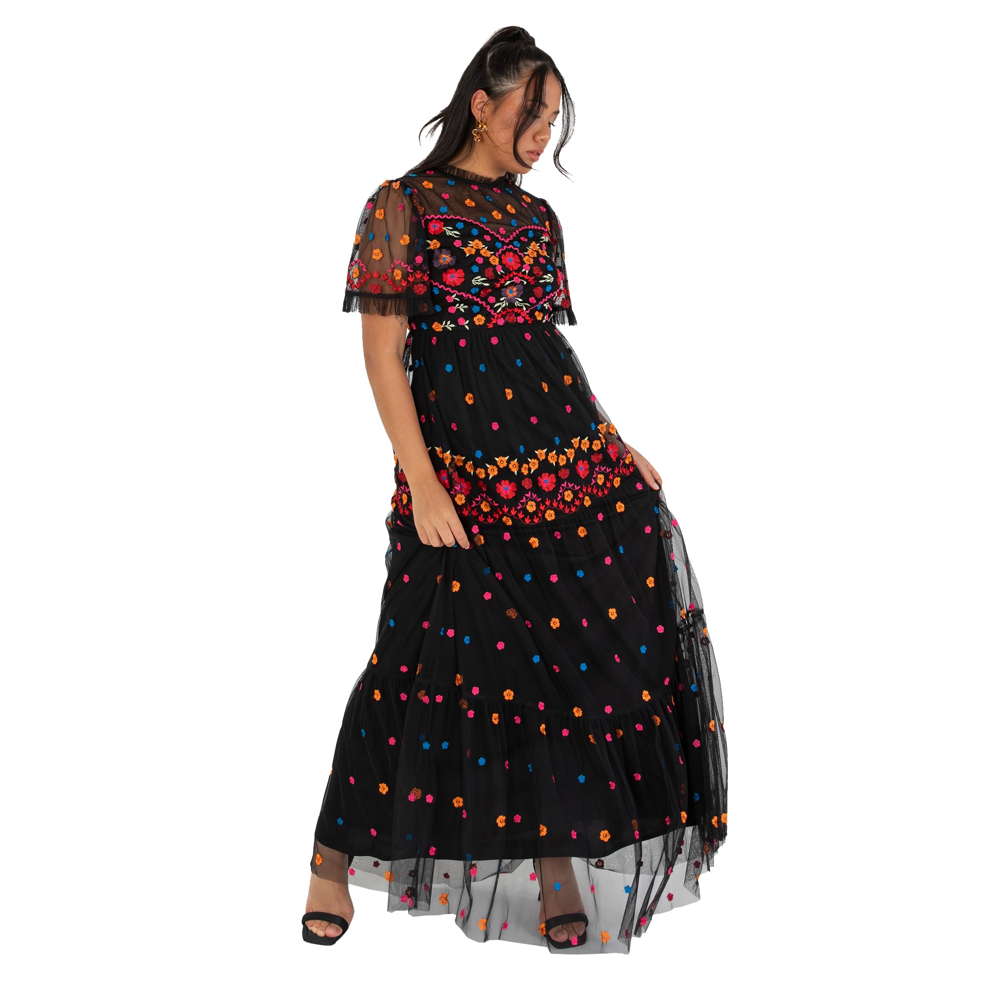 Maya Deluxe Women's Black Maxi Dress Short Sleeve High Neck Embroidered Ruffle Frilly Tulle A-Line For Occasion Evening Ball Gown 16
