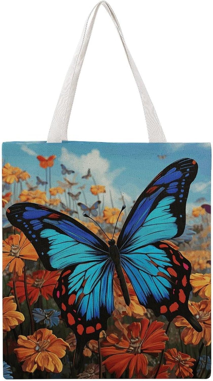 Big Butterfly Canvas Tote Bag Reusable Grocery Bags Foldable Soft Cotton Shoulder Carry Bag