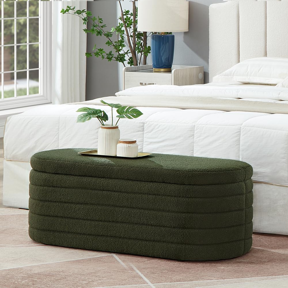 Modern Oval Storage Ottoman Bench, Upholstered Boucle Teddy Fabric End of Bed Bench with Storage, End of Bed Stool with Safety Hinge for Bedroom, Living Room, Entryway, White (Dark Green)