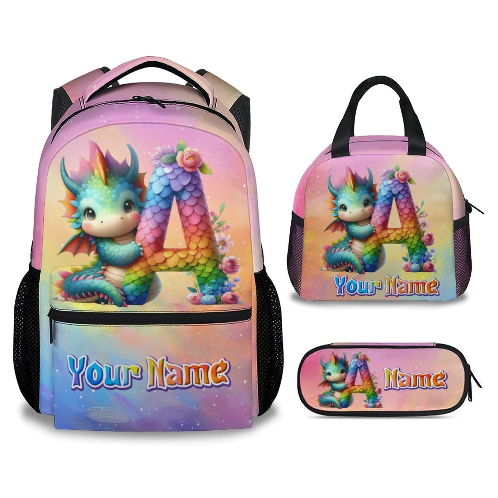 Kids School Backpack with Lunch Box, Personalized Girls Backpacks with Name, Dragon Bookbag for Primary Middle College, 17 Inch Custom Boys Bookbags