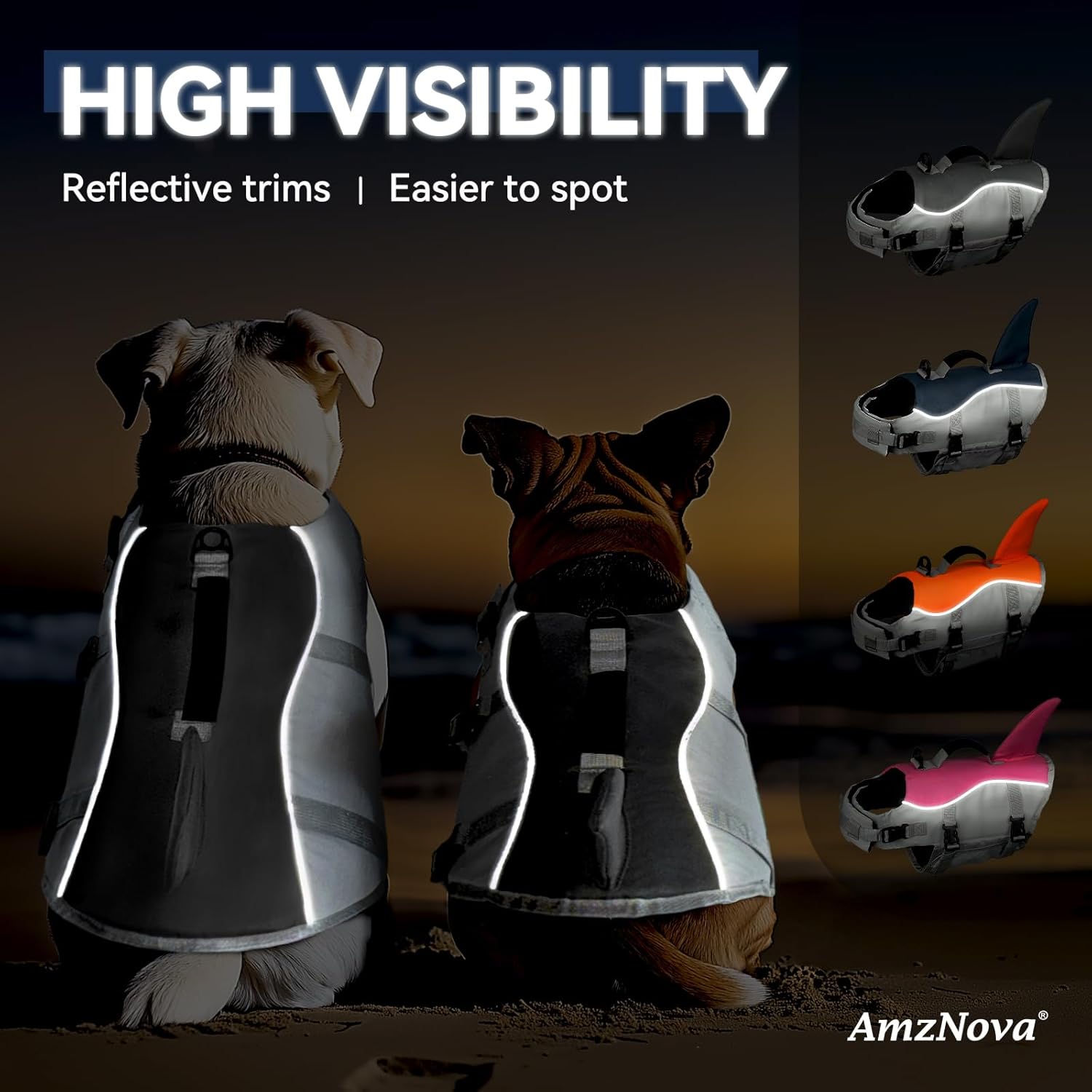 AMZNOVA Shark Dog Life Jacket + Rip Stop Dog Life Jacket, Durable Handle Reflective Buoyance