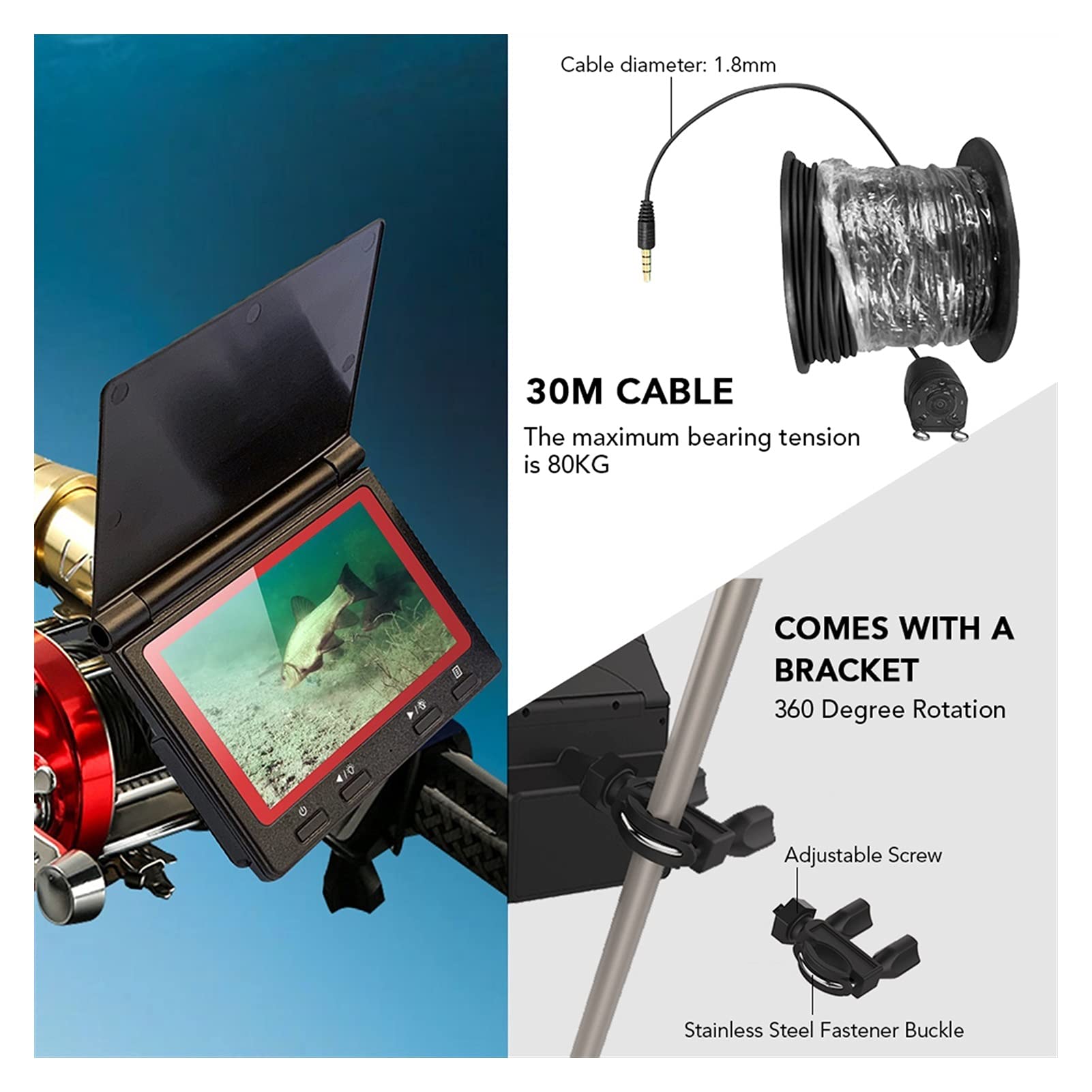 Buscador de Peces, 4.3Inch Monitor Fish Finder Cámara de Pesca bajo el Agua 180 Grados