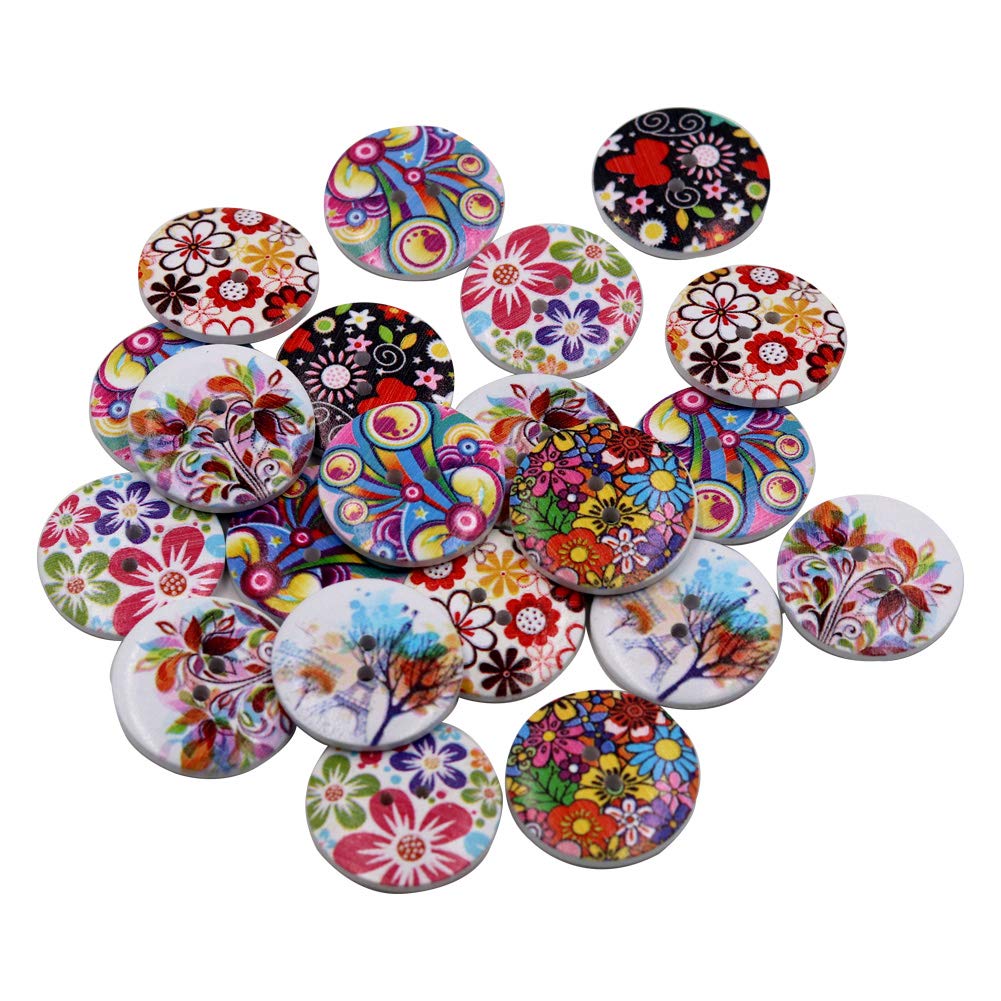 2 Holes Mixed Painting Color Large Wooden Buttons 30mm in Bulk for Sewing Fasteners Scrapbooking DIY Craft (1.2", 30pcs)