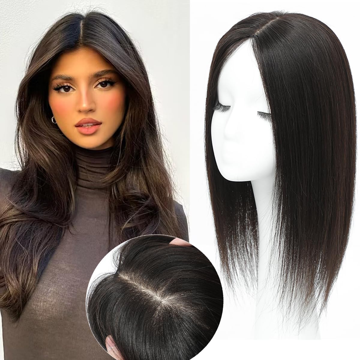 Artifice 10 X 11.5 CM Hair Topper Extension Wig with 5 Clips for Hair Thinning Grey/White Hairs for Women 16 inches Long (Black)