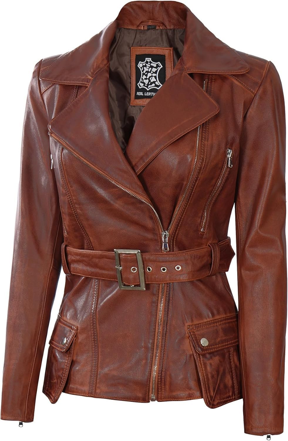 fjackets Women Leather Jacket - Real Lambskin Belted Style Leather Jackets Womens Stylish Asymmetrical Women's Leather Jacket