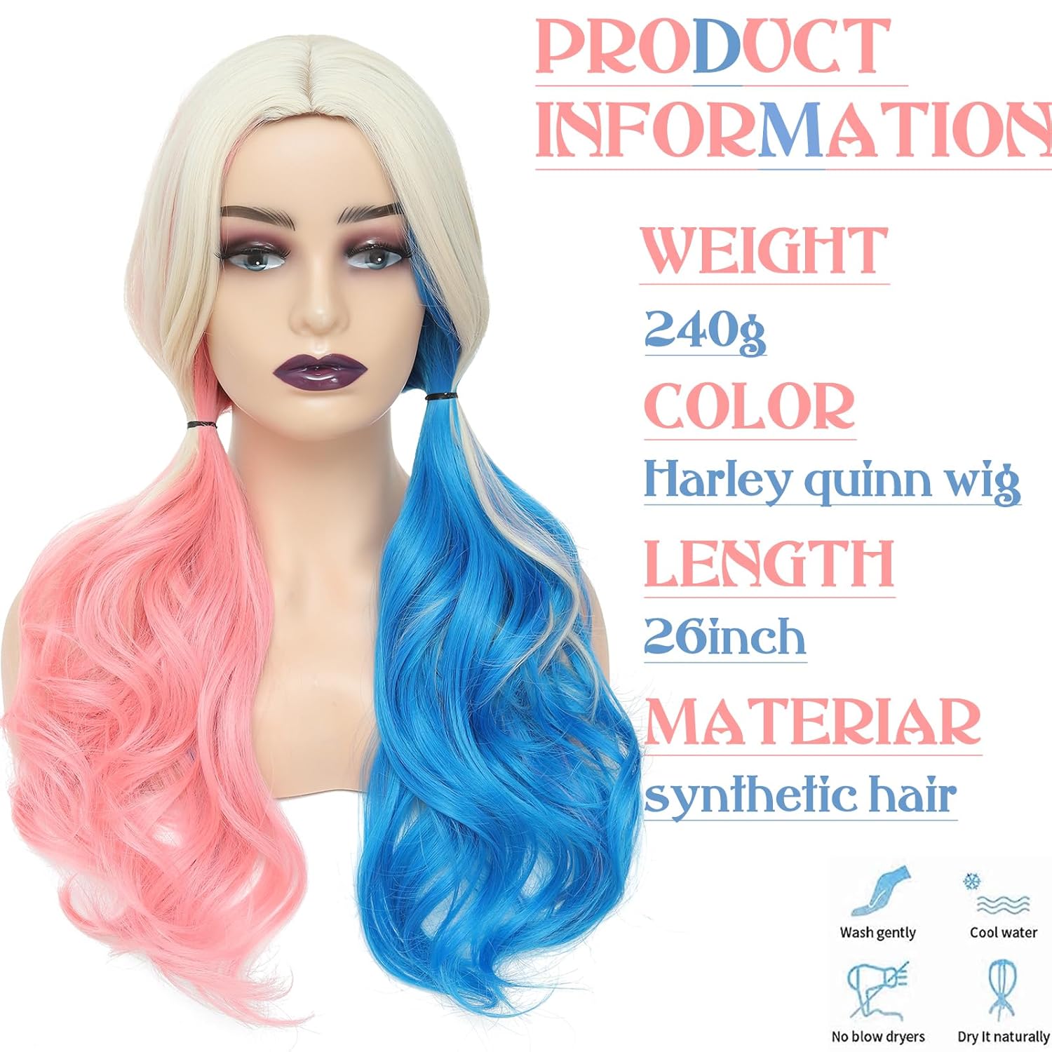 WECAN Pink and Blue Long Curly Wigs for Women - Cosplay & Halloween Party - Synthetic Fibers - Suicide Squad Harley Quinn Wig - Image 3