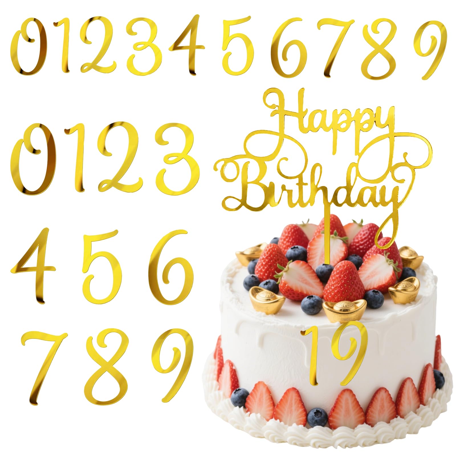 21PCS Acrylic Happy Birthday Cake Topper Set with Numbers 0-9 Gold Cake Decorations Reusable for Birthday Wedding Party