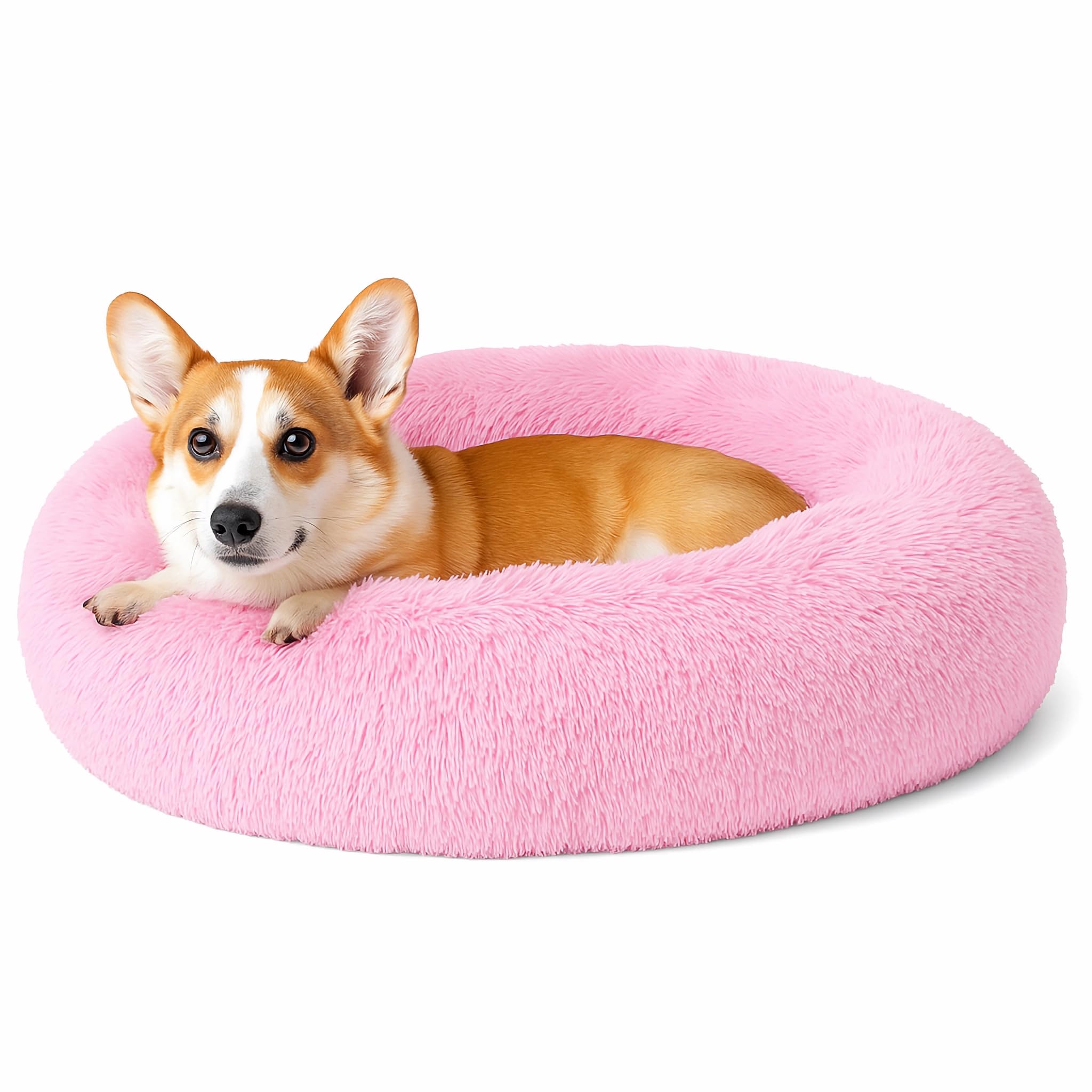 SEOUGEE Calming Donut Dog Bed, Fluffy Plush Round Cat Bed, Cosy Soft Washable Cushion Warming Pet Beds Non-Slip Bottom, Indoor Sleeping Cuddler Nest for Small Medium Dogs (Light Pink 70cm)