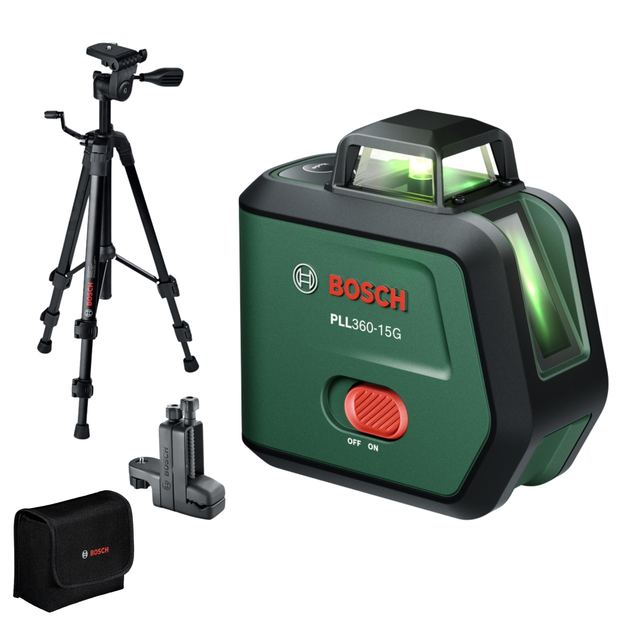 Bosch Laser Liniowy PLL360‑15G (zielone linie 360°, IP54, Li‑ion, USB‑C, statyw TT 120, uchwyt MM 3)