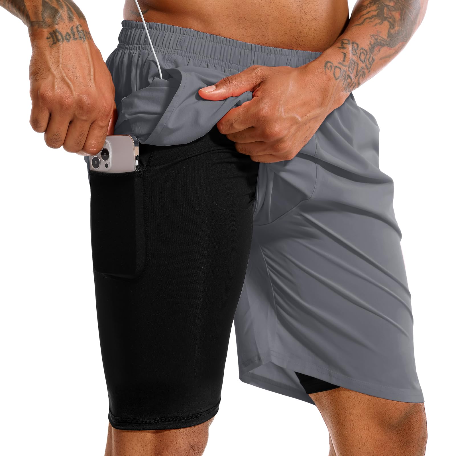 Tenjoy Men's Dark Gray 2 In 1 Running Shorts 7'' Quick Dry Gym Athletic Exercise Workout Shorts For With Phone Pockets, Small